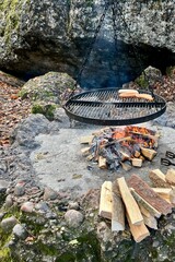 Grilling Over Open Fire in Forest