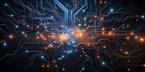 Obraz premium Intricate network of glowing blue and orange circuits on a dark futuristic digital technology background