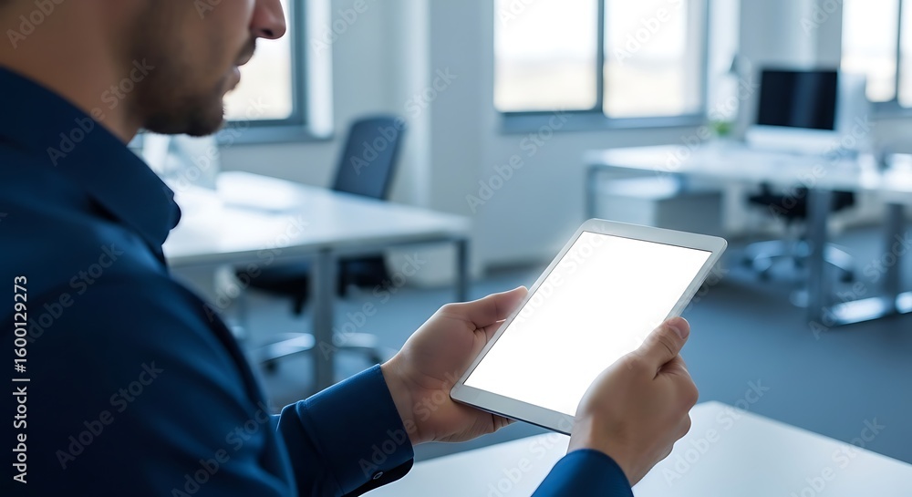 Aufkleber man using a digital tablet with blank screen in office