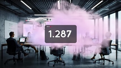 Drones fly over people working at laptops in a modern office, with a number floating - Powered by Adobe