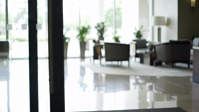 Blurred interior view of a lobby with chairs, plants, and a gleaming tiled floor