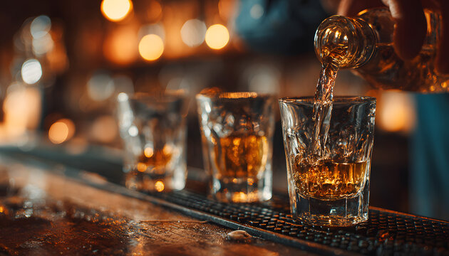 Close-up of barman hand pouring alcohol into shot glasses in a nightclub or bar