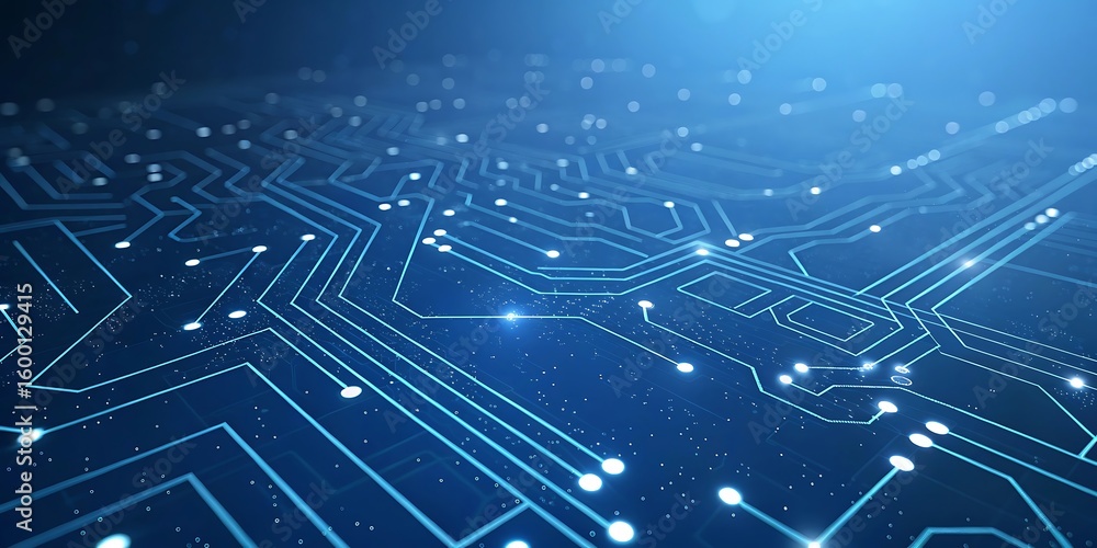Poster intricate blue circuit board with glowing lines and nodes representing advanced technology and conne