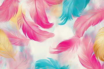 Colorful feather pattern with pink, blue, and gold colors