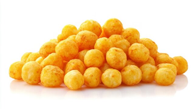 Pile of crunchy corn puffs on white background. Artificial intelligence image