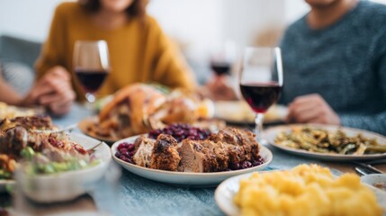 Festive Thanksgiving feast, diverse group, cranberry-laden table, cozy autumnal gathering, savoring gratitude, ephemeral abundance, multicultural reflections