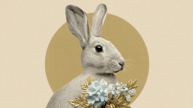 A serene rabbit encircled by golden hues clutches azure blooms, echoing Mid-Autumn Festival and whimsical Lunar New Year