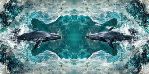Two whales are swimming in the ocean, one of which is larger than the other. The water is blue and the sky is white