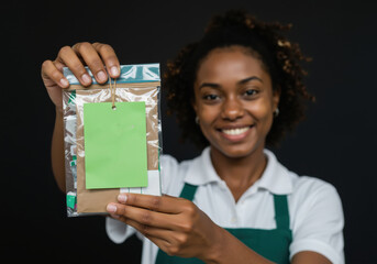 Happy african american woman holding reusable package with green label. Youth sustainable community. International Youth Day.