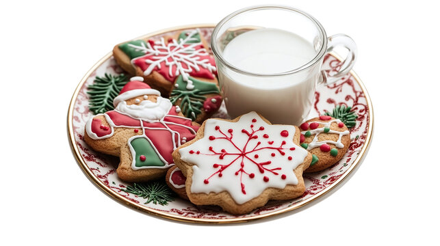 • A decorated holiday cookie plate with milk for Santa, isolated on white background in HD 
