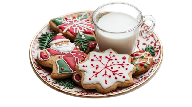 • A decorated holiday cookie plate with milk for Santa, isolated on white background in HD  - Powered by Adobe