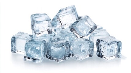 Clear ice cubes on solid white background. Artificial intelligence image