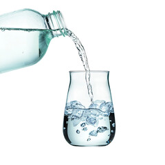 Clear Water Pouring from a Bottle into a Glass Creating Bubbles and Ripples on a Bright Background for Refreshing Drink Concepts