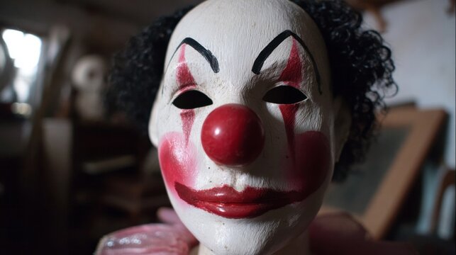 A hauntingly joyous clown mask basked in dusty twilight, evoking uncanny festival humor during World Laughter Day