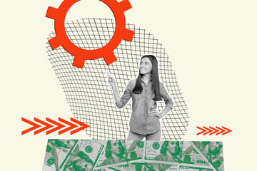 Image full pop trend collage of happy businesswoman stand dollar banknotes income gearwheel capital jackpot arrow progress