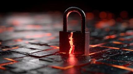 A close-up of a cracked padlock on a dark, illuminated surface, symbolizing security and vulnerability.