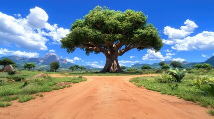 Lush Green Baobab Tree on a Dirt Road in an African Savanna