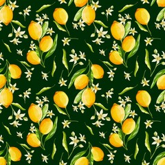 Seamless watercolor lemon pattern with bright yellow fruits, green leaves, and white blossoms on a dark  background. Perfect for summer fabric, wrapping paper, kitchen decor, and digital design.