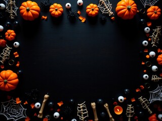 Spooky Halloween decorations on black wooden background