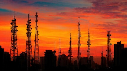 Sunset skyline with silhouetted communication towers. Artificial intelligence image