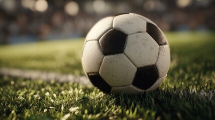 Fototapeta premium Soccer ball on green field under stadium lights. Artificial intelligence image