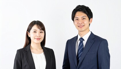 白背景に並ぶ20代日本人男女のバストアップポートレート、ビジネススーツ姿と自然な表情が際立つスタジオ撮影

