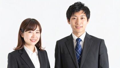 白背景に並ぶ20代日本人男女のバストアップポートレート、ビジネススーツ姿と自然な表情が際立つスタジオ撮影

