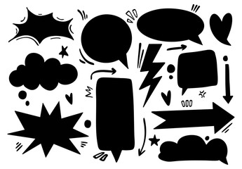 Bold black speech bubbles and comic doodle symbols on white background, hand-drawn style, high contrast elements
