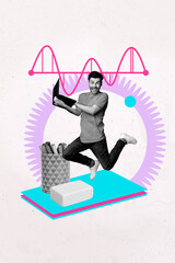 Creative trend collage of young person man freelancer looking on office stationary white color...