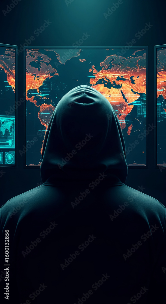 Poster hooded figure facing away, observing a world map displayed on multiple screens, symbolizing global s
