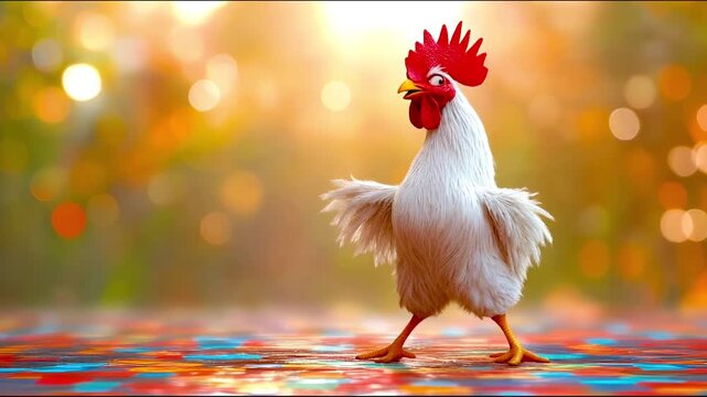 Funny chicken dances joyfully in colorful setting during sunny day