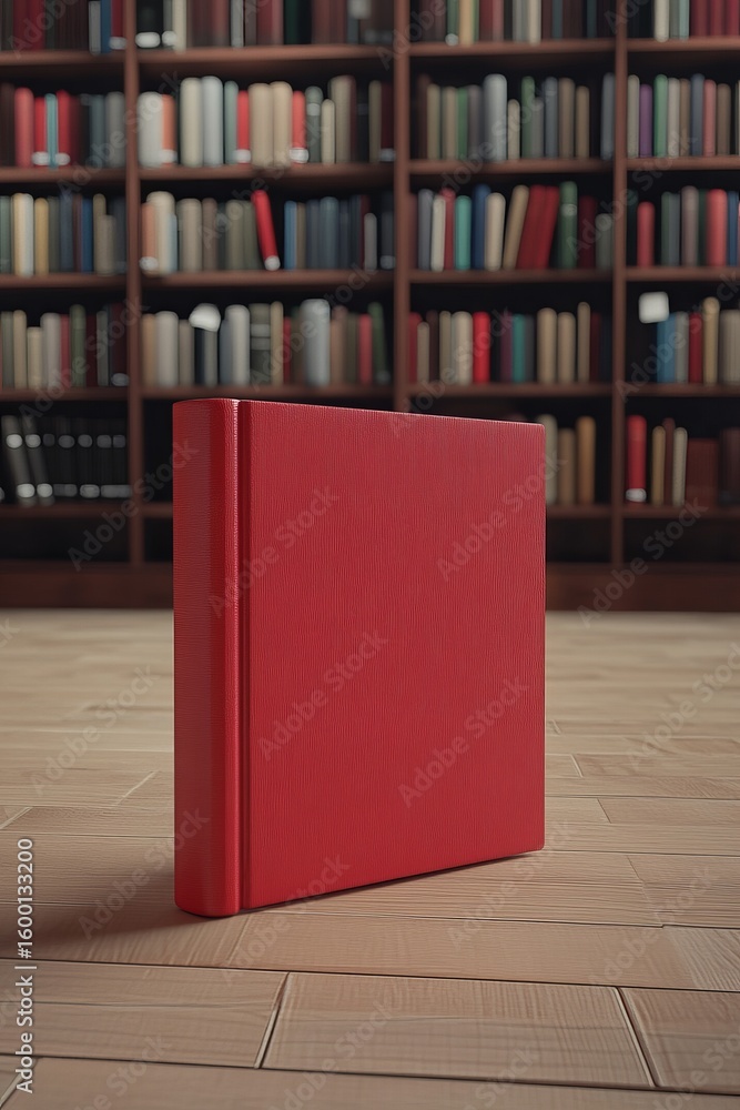 Poster a vivid red book rests on a wooden floor before a backdrop of bookshelves, evoking a sense of warmth