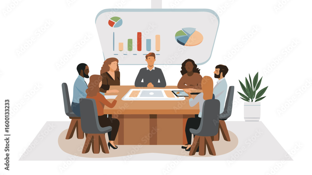 Poster diverse group of people in a business meeting with charts and graphs on a screen at the head of tabl