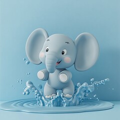Obraz premium This adorable cartoon elephant splashes in water against a bright blue background, radiating joy and playfulness, perfect for children's themes and projects.
