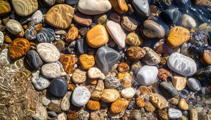 Close-up of colorful wet pebbles in shallow water reflecting sunlight suggesting tranquility, nature's art, and calm moments by riverside or lakeshore