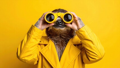 Humorous concept of a sloth wearing yellow raincoat and using binoculars representing curiosity, observation, and relaxed exploration with comic style