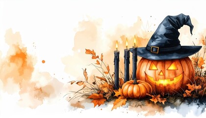 A Halloween-themed watercolor with a glowing jack-o'-lantern wearing a witch hat beside black candles and autumn leaves for fall celebration and spooky charm