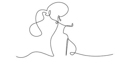 Gambar garis kontinu seorang wanita elegan dengan gaya rambut kuncir kuda. Karya seni minimalis untuk konsep mode, kecantikan, dan gaya hidup modern.