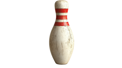 Classic bowling pin with aged texture featuring vintage surface details isolated on white background