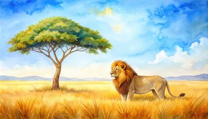 A proud lion standing beside an acacia tree on a sunlit savanna evoking wildlife majesty, safari themes, and the vast landscapes of East Africa