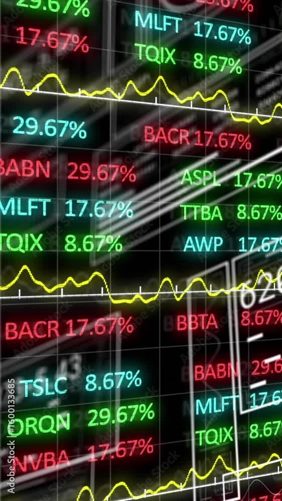 Poster animation of financial data processing over dark background