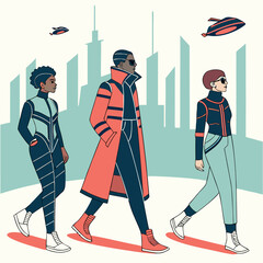 Futuristic Fashion Parade Three Stylish Figures Strolling Confidently Against a Sleek Cityscape Backdrop with Two Flying Vehicles Overhead