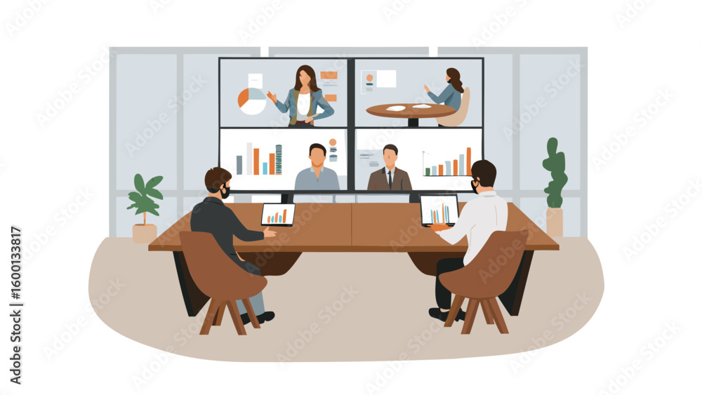 Poster people in a conference room having a video call with charts and graphs displayed on large screens on