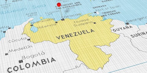 Venezuela, Caracas - push pin on political map - 3D illustration