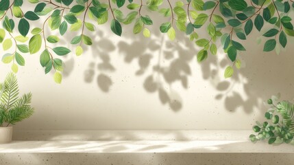 Nature-inspired display with foliage shadows on a light beige surface.