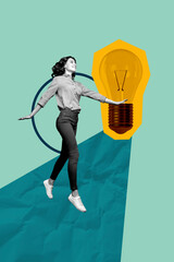 Artwork photo vertical collage of happy businesswoman find light bulb solution development...