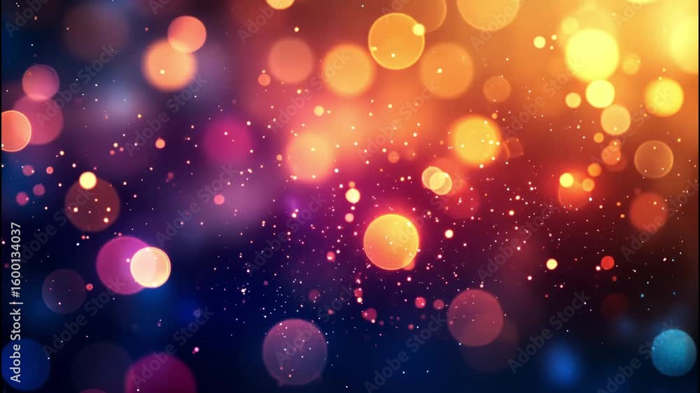 Poster golden orange bokeh particles floating softly in a festive dreamy blur.