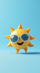 Cheerful Cartoon Sun Character Wearing Sunglasses against Blue Backdrop