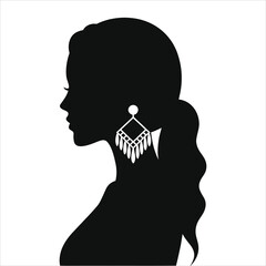 ( Bohemian Earrings)Elegant Woman Silhouette with Ponytail and Geometric Tassel Earrings Vector Art