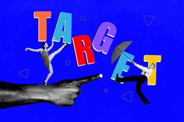 Banner creative poster art collage of two happy business partners girl guy stand target letters...